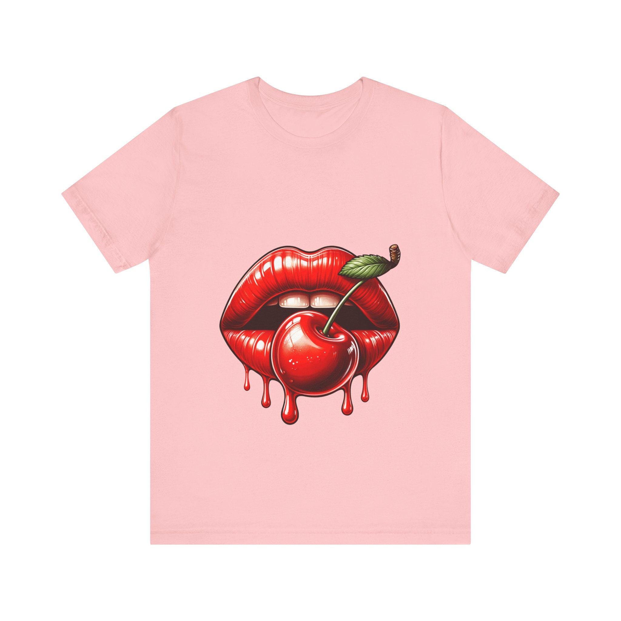 Bold Cherry Lips Graphic Tee Top - Unisex Red Cherry Lip Print