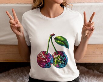 Disco Ball Cherries Unisex T-Shirt, Unique Retro 70s Cherry Disco Graphic Novelty Tee, Vintage Party Vibes Shirt, Groovy Festival Top Gift