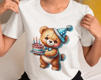 Birthday Bear T-Shirt, Teddy Bear Holding Cake Party Tee, Funny Birthday Gift Shirt for Adults, Unisex Celebration Outfit Top