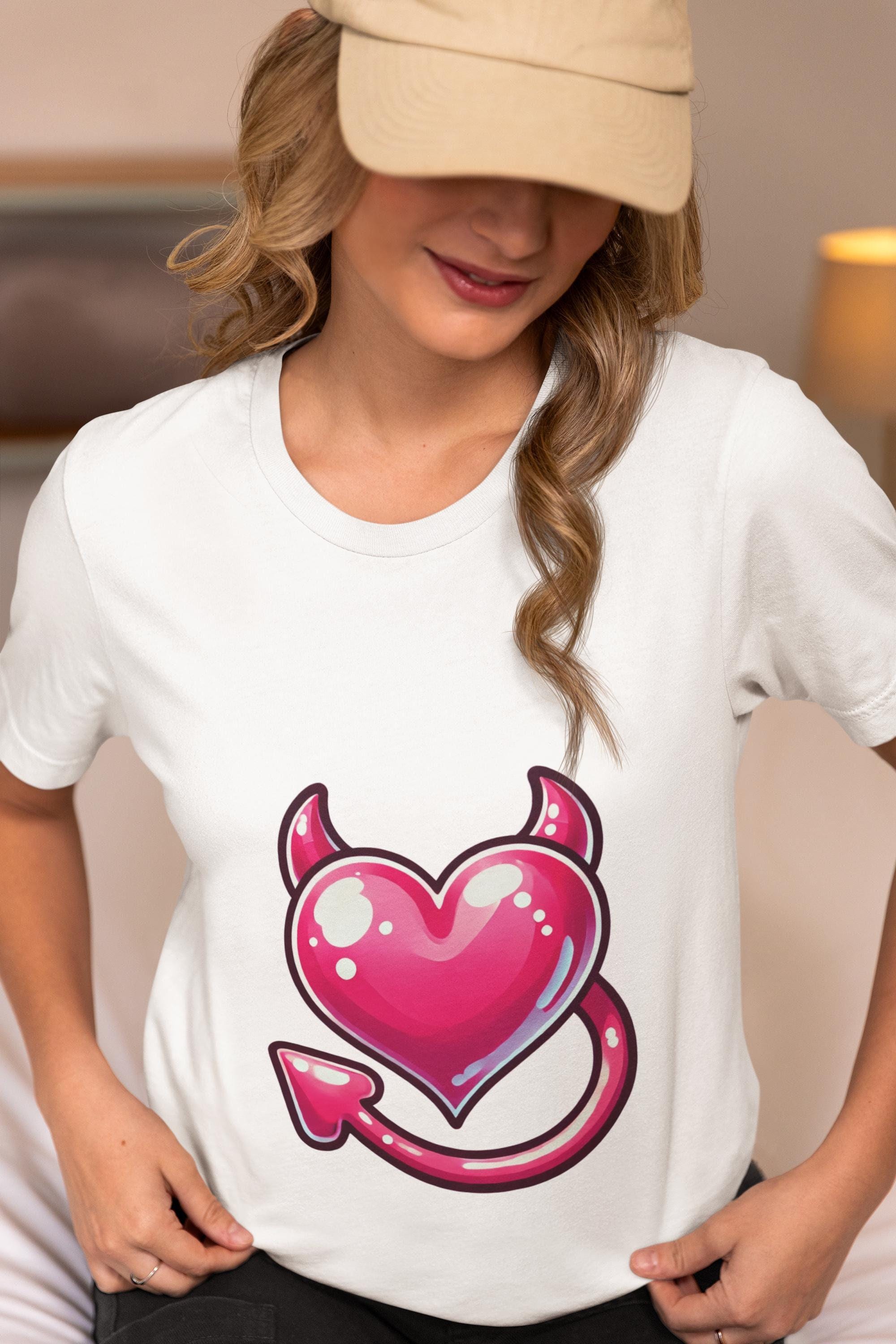 Devil Heart T-shirt - Cute Devil Horns and Tail, Valentine Love