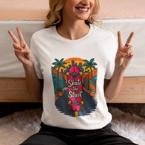 Skate the Street T-Shirt, Retro Urban Skateboard Graphic Tee with Sunset City Vibes, Cool Unisex Shirt for Skaters, Streetwear,Board Culture