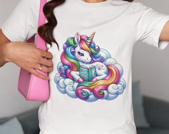 Unisex Fantasy Unicorn T-Shirt | Believe In Yourself Motivational Tee Top | Colorful Rainbow Mane & Tail | Cloud Reading Unicorn | Plus Size