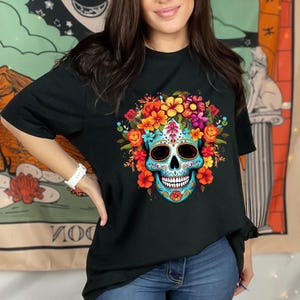 Sugar Skull Flowers Unisex Dia de los Muertos T-shirt,Cute Colorful Day of the Dead, Mexican TShirt, Halloween Shirt Costume, 2024 Sugar Tee