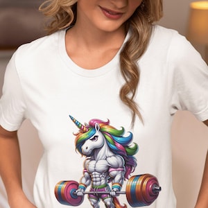 Muscular Rainbow Unicorn T-Shirt | Unisex Workout Enthusiast Tee Top | Vibrant Colorful Fantasy Creature Shirt | Bodybuilding Lover Gift