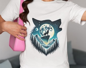 Howling Wolf Moonlight Unisex T-Shirt, Mystical Mountain Silhouette Shirt, Night Sky&Wolf Tee,Top Gift for Nature Lovers, Adventure Seekers