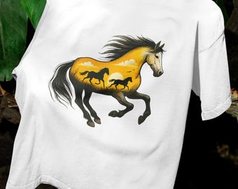 Majestic Wild Horse Sunset T-Shirt, Running Horse Silhouette Art Tee for Cowgirls, Equestrian Lovers, Western Style & Country Fashion Fans