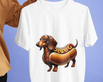 Funny Dachshund Hot Dog Unisex T-Shirt | Cartoon Wiener Dog Foodie Tee | Unique Sausage Dog Lover Gift | Casual Novelty Shirt for All