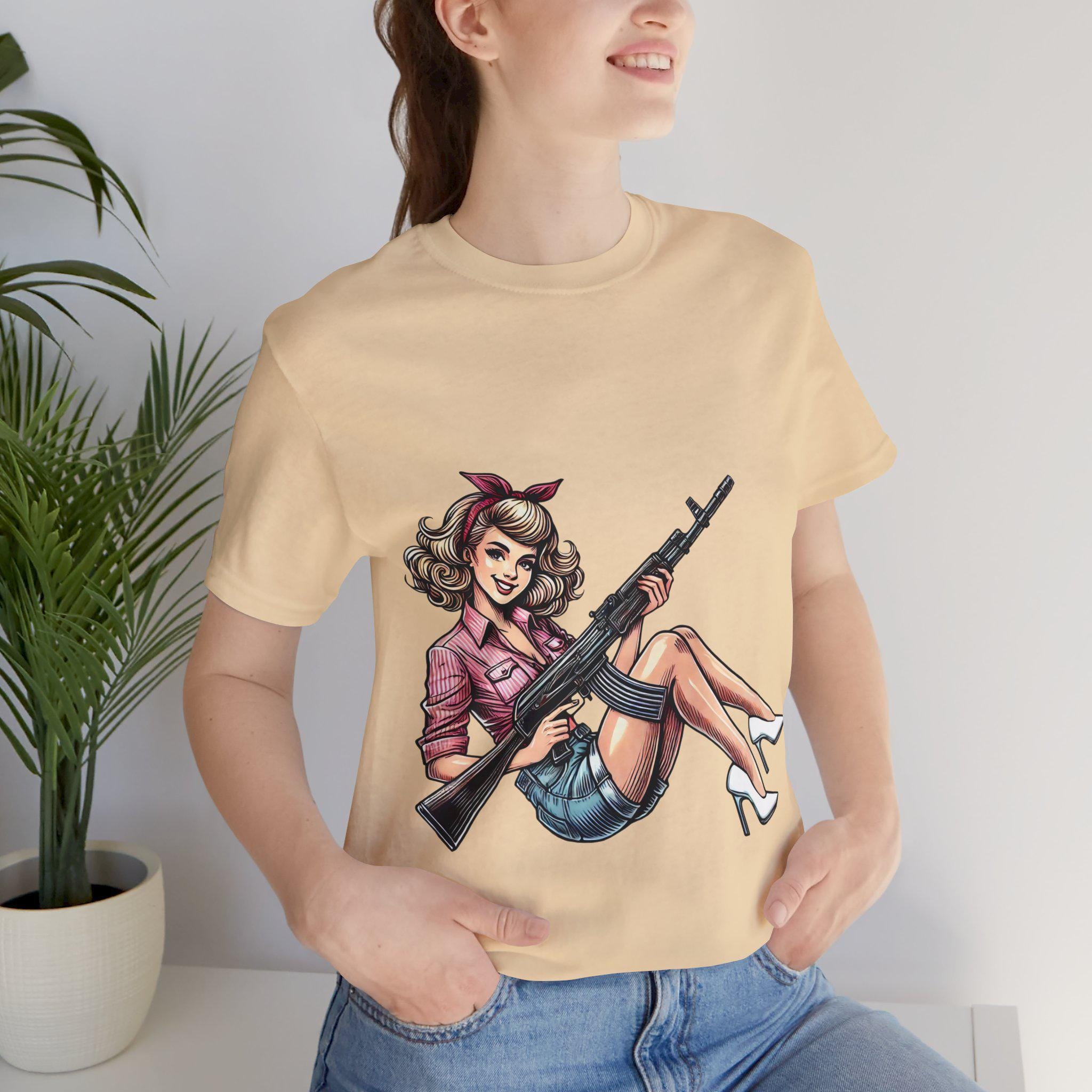 Vintage Pin-up Girl With Gun T-shirt, Retro Military Style Graphic