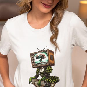 Unique Unisex T-Shirt with Surreal Vintage Television Head Art-Cool Retro Illustration for Trendy Fashion Enthusiasts, 80s Style Graphic Tee