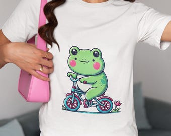 Frog Riding a Bicycle Unisex T-Shirt, Cute Animal Graphic Novelty Tee for Frog Lovers, Unique Gift Shirt Idea, Fun Whimsical Frog Top