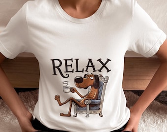 Relaxing Cartoon Dog with Coffee Unisex T-Shirt, Chill Dog Novelty Shirt Design, Relaxation Tee, Cozy Coffee Lover Top Gift Idea for Her/Him