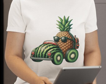 Tropical Fun Unisex T-Shirt | Pineapple Sunglasses & Watermelon Car Print | Graphic Tee for Summer Parties, Beach Days | Fruit Lovers Top