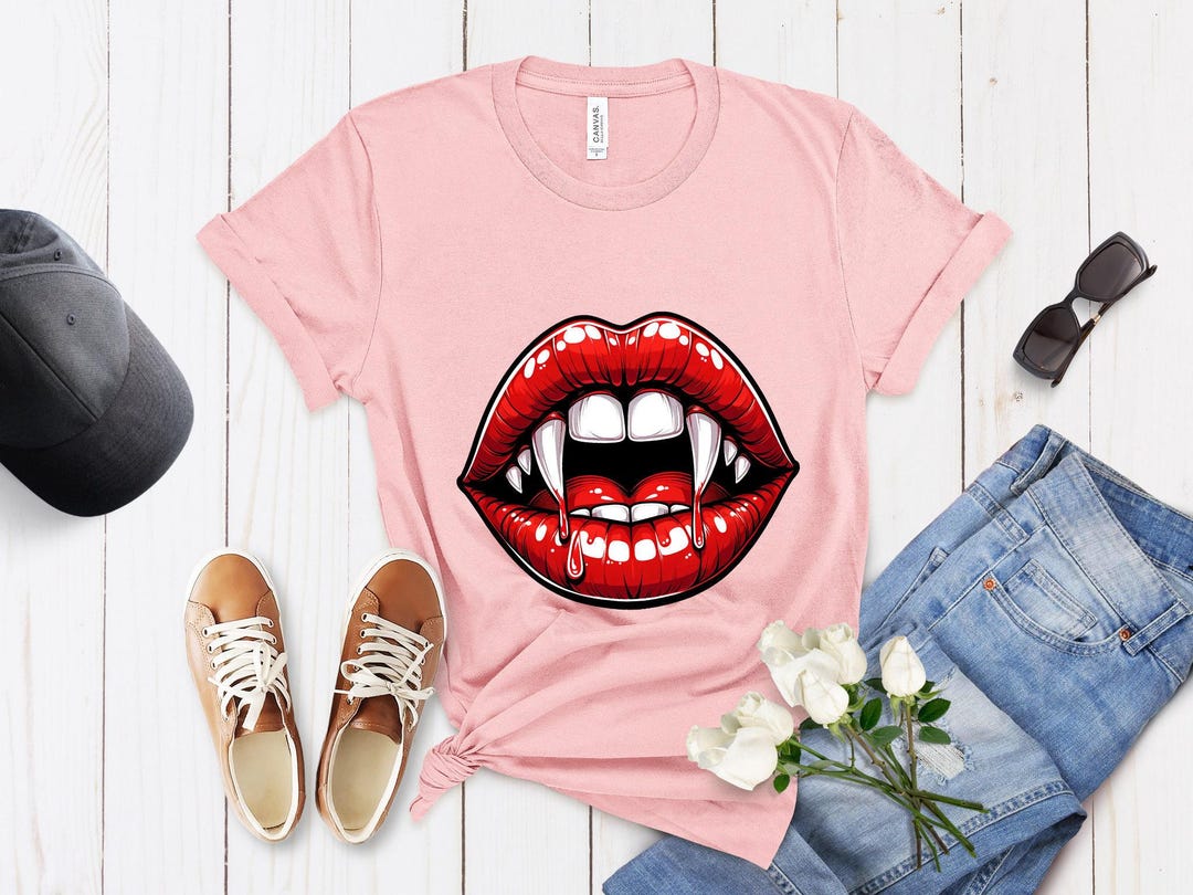 Vampire Teeth T-shirt - Red Lips, Open Mouth, Gothic Unisex Tee