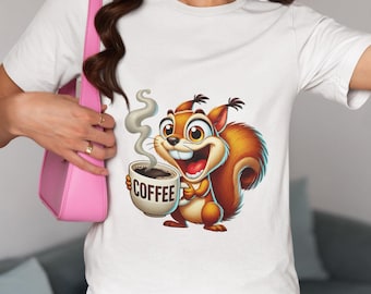 Squirrel Drinking Coffee Unisex T-Shirt-Hilarious Morning Coffee Lover Novelty Tee,Squirrel with Big Coffee Mug Shirt,Caffeine Fans Top Gift