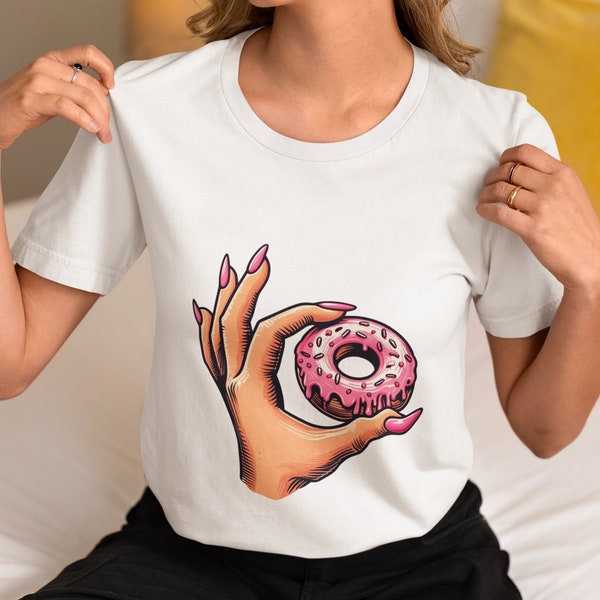 Pink Donut Delight Hand Tee Top - Unique Artwork Unisex T-Shirt | Sweet Treat Fashion | Doughnut Lovers Gift Idea - Trendy Street Style