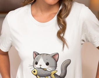 Cat Holding Fish Graphic Unisex T-Shirt, Cute Animal Lovers Novelty Tee Gift Idea, Cat with Fish Top Gift, Shirt for Pet Lovers, Women, Men