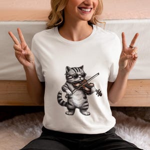 Cat Playing Violin Unisex T-Shirt, Unique Music Lover&#39;s Novelty Tee Gift, Cool Kitten Violinist Shirt, Cat Lover Graphic Top Gift Idea