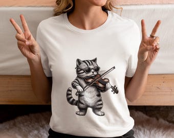Cat Playing Violin Unisex T-Shirt, Unique Music Lover's Novelty Tee Gift, Cool Kitten Violinist Shirt, Cat Lover Graphic Top Gift Idea