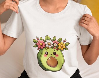 Cute Kawaii Avocado with Flower Crown T-Shirt, Adorable Print Shirt, Unique Avocado Lover Tee Gift, Funny Shirt for Women&Men, Novelty Top