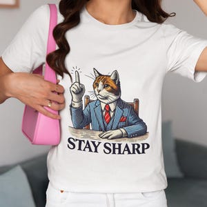 Stay Sharp Cat Unisex T-Shirt, Kitten Cat in Tuxedo Suit Novelty Tee Design,Vintage-Inspired Shirt Gift,Funny Unique Feline Graphic Top Gift