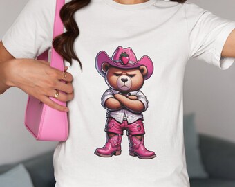 Unisex Strawberry Cowboy Bear Tee, Aesthetic Country Style Graphic T-Shirt, Funny Animal Shirt, Trendy Pink Western Shirt, Gift Tee Her/Him
