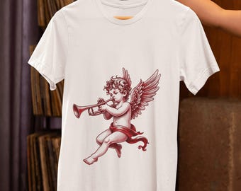 Renaissance Cherub Trumpet Unisex T-Shirt | Vintage Style Angelic Musician Graphic Tee Top | Winged Cherubim Shirt | Artistic Angel Core