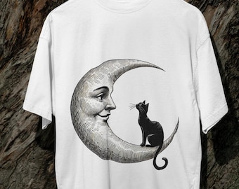 Vintage Moon and Black Cat T-Shirt, Mystical Celestial Graphic Tee, Gothic Witchy Moon Phase Shirt, Unisex Spiritual Cat Lover Top Gift Idea