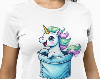 Cute Pocket Unicorn T-Shirt, Kawaii Baby Unicorn with Rainbow Hair in Denim Pocket Tee, Unisex Fantasy Graphic Shirt for Unicorn Lovers