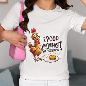 Funny Chicken Unisex T-Shirt, &quot;I Poop Breakfast&quot; Graphic Novelty Tee, Farm Humor Shirt, Quirky Gift for Egg Lovers, Hilarious Farm Top