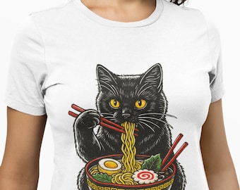 Ramen Cat T-Shirt, Unisex Japanese Food Lover Tee with Black Cat Eating Noodles, Kawaii Anime-Inspired Graphic Shirt for Cat & Ramen Fans