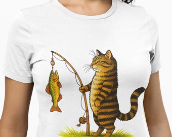 Cat Fishing T-Shirt, Cartoon Tabby Cat with Fishing Pole Catching Fish Tee,Whimsical Animal Humor Shirt,Unisex Gift for Cat & Fishing Lovers