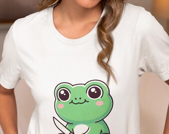 Frog Holding Knife Unisex T-Shirt-Cute, Quirky, Funny Graphic Novelty Tee for Frog Lovers, Unique Animal Shirt Design, Humor Top Gift Idea