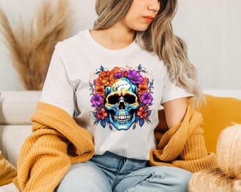 Cute Colorful Sugar Skull Flowers Unisex Dia de los Muertos T-shirt,Day of the Dead, Mexican TShirt, Halloween Shirt Costume, 2023 Sugar Tee