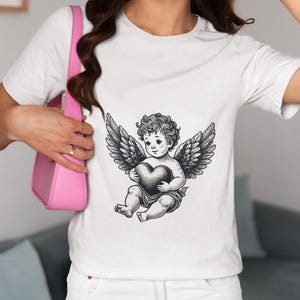 Vintage Cherub Angel Unisex T-Shirt, Baby Angel with Wings Holding Heart Novelty Tee, Romantic Angelic Shirt, Valentine&#39;s Day Gift Top