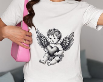 Vintage Cherub Angel Unisex T-Shirt, Baby Angel with Wings Holding Heart Novelty Tee, Romantic Angelic Shirt, Valentine's Day Gift Top