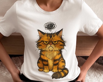 May include: White t-shirt featuring a cartoon illustration of an orange and brown tabby cat with a grumpy expression. A black scribble above the cat's head suggests a thought bubble. The cat is sitting with its tail curled.