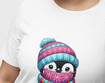 Penguin with Mask in Winter Attire Holding a Gift Box Unisex T-Shirt, Perfect Holiday Novelty Tee for Animal Lovers, Top Shirt Gift Idea