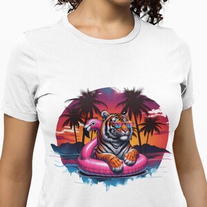 Retro Tropical Tiger T-Shirt, Cool Beach Sunset Aesthetic Tee, 80s Vaporwave Neon Jungle Shirt, Funny Summer Vacation Unisex Top Gift Idea