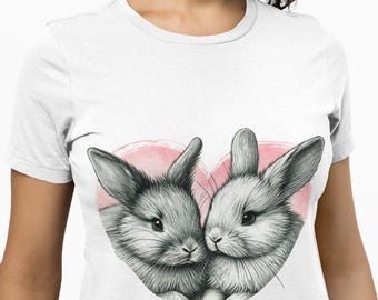 Bunny Couple in Heart Design Unisex T-Shirt - Cute Romantic Rabbit Sketch Graphic Tee for Men, Women - Perfect Top Gift for Animal Lovers