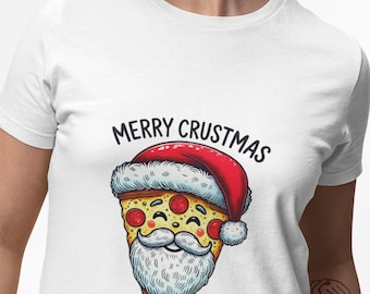 Unisex Christmas Pizza T-Shirt, Funny Merry Crustmas Novelty Tee Design,Santa Pizza Slice Graphic Shirt,Festive Holiday Top for Pizza Lovers