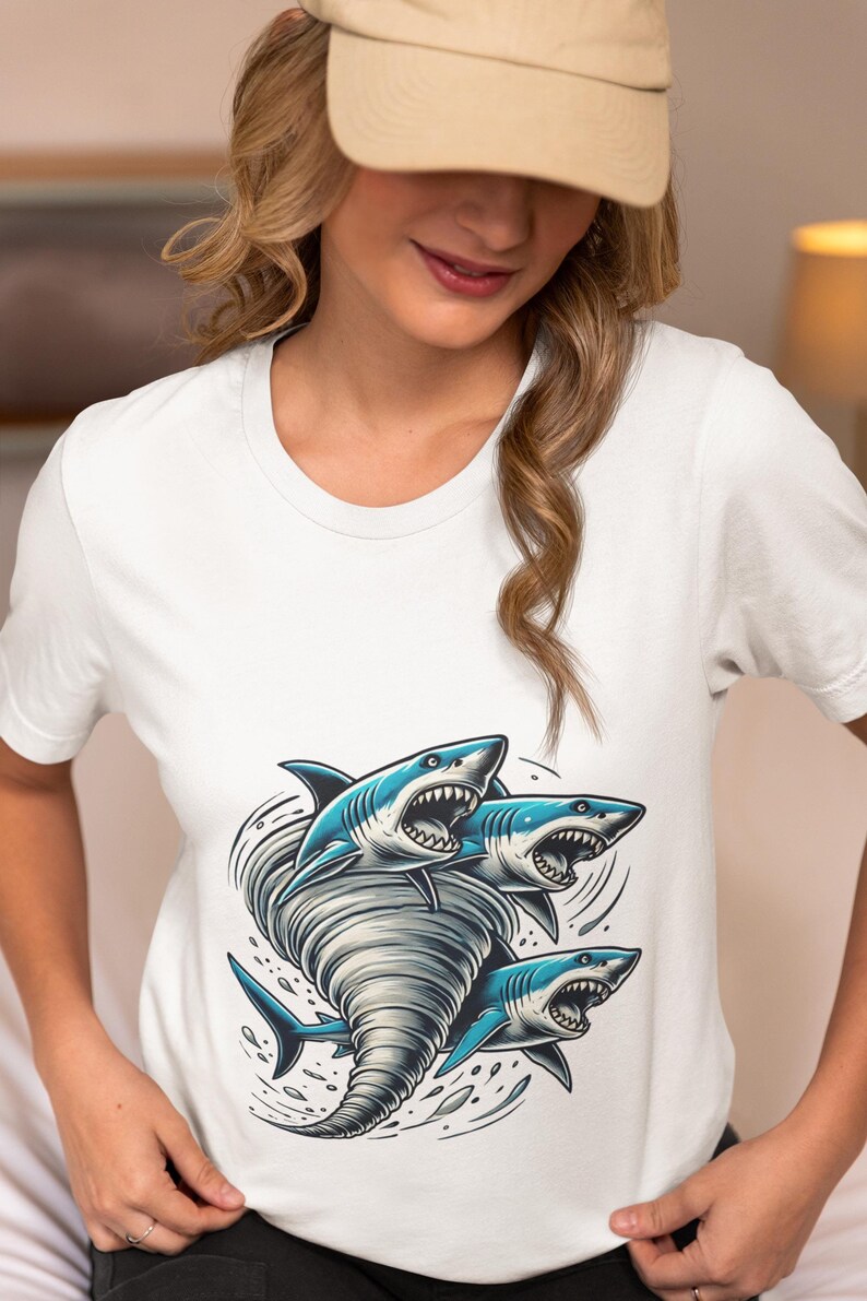 Shark Tornado Graphic Unisex Tshirt, Swirling Sharks Art Novelty Tee