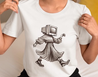 Surreal CRT Monitor Head T-Shirt, Retro Aesthetic Girl in Dress Graphic Tee, Cyberpunk Vaporwave Techwear Shirt, Unisex Alt Art Gift Top