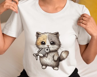 Cat Holding Fish T-Shirt - Cute Kitten Graphic Tee for Animal Lovers, Perfect Gift Shirt for Cat Enthusiasts,Fun&Whimsical Pet Apparel Shirt