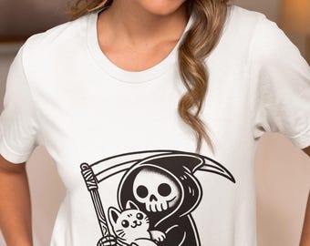 Grim Reaper Holding Cute Cat T-Shirt, Funny Dark Humor Halloween Novelty Shirt, Unique Skeleton & Kitty Tee,Spooky Gothic Gift for Cat Lover