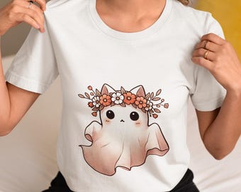 Unisex Floral Ghost Cat T-Shirt, Cute Halloween Kitten Novelty Shirt with Flower Crown, Spooky Season Tee | Fun & Whimsical Fall Top Gift