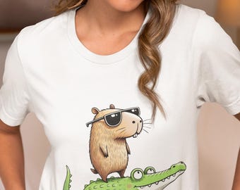 Capybara Riding Crocodile T-Shirt, Cool Sunglasses Capybara on Alligator Cartoon Tee,Whimsical Animal Meme Shirt,Unisex Chill Vibes Gift Top