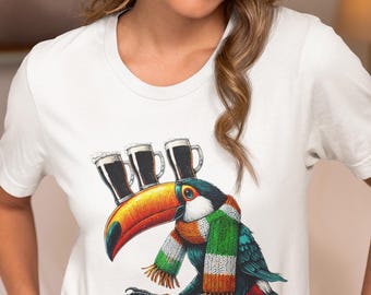 Funny Irish Toucan T-Shirt, St Patricks Day Beer & Soccer Tee, Ireland Flag Scarf Bird Shirt, Unique Irish Pub Party Top Gift Idea