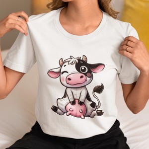 Cute Kawaii Cow T-Shirt, Cartoon Milk Cow Graphic Tee, Farm Animal Lover Gift Top, Adorable Winking Baby Calf Shirt for Women & Men