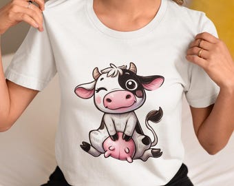 Cute Kawaii Cow T-Shirt, Cartoon Milk Cow Graphic Tee, Farm Animal Lover Gift Top, Adorable Winking Baby Calf Shirt for Women & Men