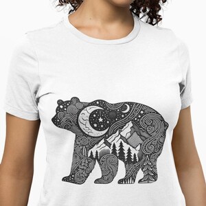 Moonlit Bear Forest T-Shirt - Wildlife Art Graphic Tee, Nature Lover Gift Idea, Mountain Adventure Shirt, Unisex Outdoor Scenic Design Top